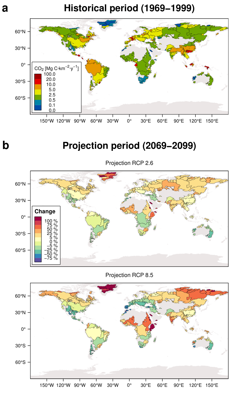 a) Consommation moyenne interannuelle de CO2 due à l'altération chimique au cours de la période historique, exprimée en Mg C·y-1·km-2 ; et b) changement relatif entre le présent et la période 2071-2100 dans les scénarios climatiques RCP 2.6 et RCP 8.5, exprimé en pourcentage de changement par rapport à la période historique.