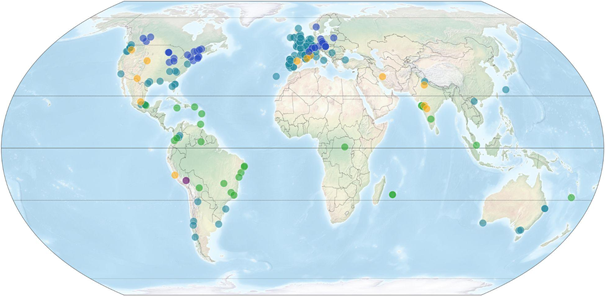 Cartographie globale des sites sur lesquels les enregistrements acoustiques du projet Silent Cities ont été récoltés. Ce projet a mobilisé, dans 35 pays, 261 personnes qui ont pu déployer 317 enregistreurs dans ou à proximité de 197 villes. Réalisation : Samuel Challéat (CNRS, UMR5602 Géode).