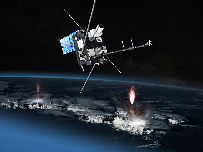 Illustration du satellite Taranis - Sprite TARANIS (Tool for the Analysis of RAdiations from light NIngs and Sprites) est un projet microsatellite, du programme Myriade du Cnes, dédié à l'étude des transferts impulsifs d'énergie entre l'atmosphère et l'environnement spatial de la Terre qui sont observés au-dessus des régions orageuses. ©CNES/ill./SATTLER Oliver, 2012